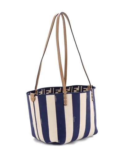 Pre-owned Fendi Reversible Roll Zucca Canvas Medium Tote Bag In Blue