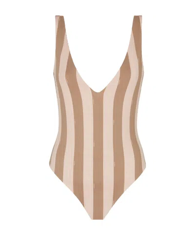 FENDI FENDI V-NECK STRIPED ONE-PIECE SWIMSUIT