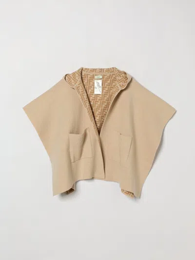 Fendi Reversible Wool And Cashmere Hooded Cape For Kids With Ff Logo In Neutral