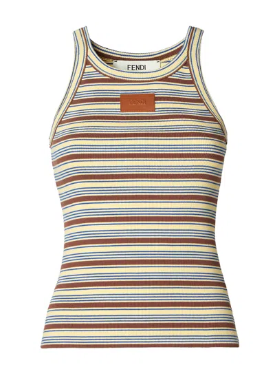 Fendi Rib Knit Cotton Top In Size S With Striped Motif In Multicolor