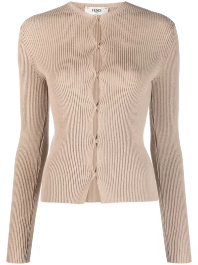 Fendi Ribbed-knit Cotton-blend Cardigan In Beige