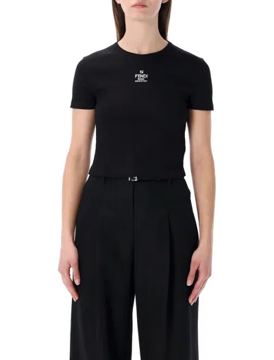 Fendi Ribbed Cotton T-shirt In Black