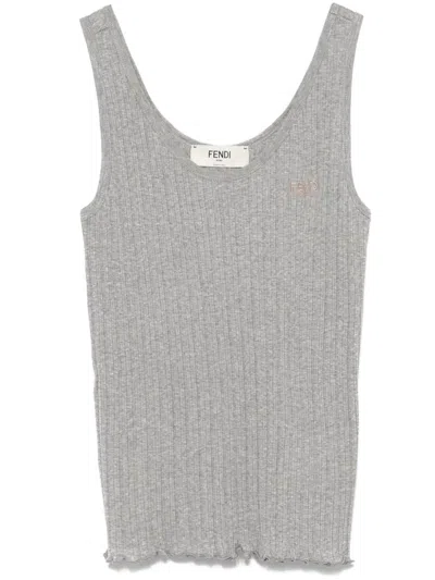 Fendi Women Ribbed Cotton Tank Top In Gray