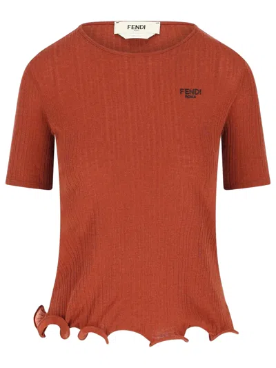 Fendi Ribbed Crew Neck Top With Wavy Hem And Contrasting Embroidered Logo In Orange