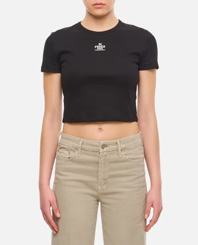 Fendi Women T-shirt A Coste Cropped Con Dettaglio Logo In Cotone Stretch Nero Donna In Black