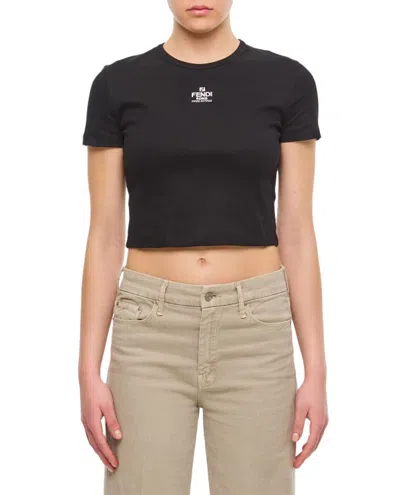 Fendi Logo Embroidered Crewneck Cropped T-shirt In Black