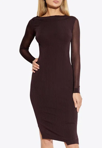 Fendi Ribbed Fitted Midi Dress In Brown