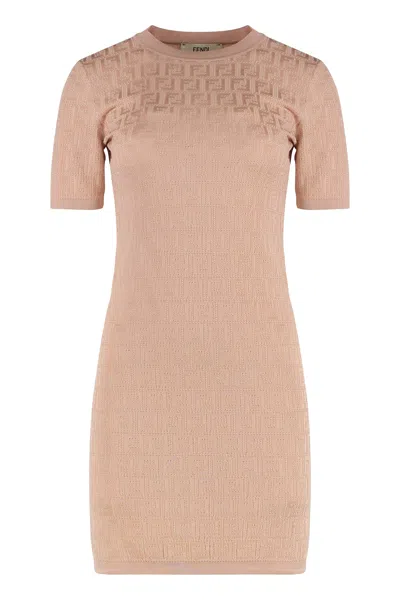 Fendi Ribbed Knit Jacquard Mini Dress In Pink