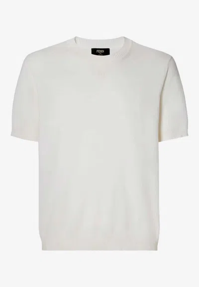 Fendi Short Sleeve Knit Sweater Ribbed Trims In White