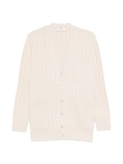 Fendi Ribbed Pocket Cardigan In Neutral