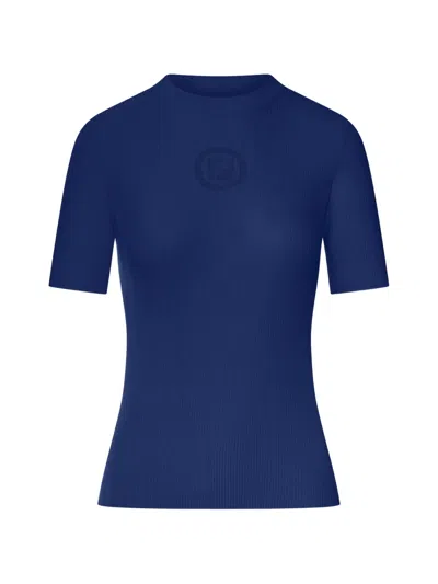 Fendi Ff Monogram Ribbed Cotton Short-sleeve Knit Top In Blue