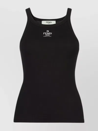 Fendi Ribbed Cotton Jersey Tank Top In Black