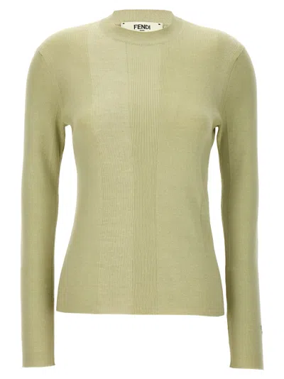 Fendi Ribbed Crew Neck Fitted Sweater With Long Sleeves In Green