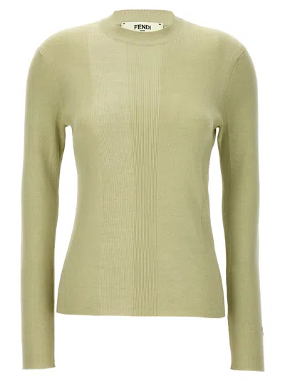 Fendi Ribbed Crew Neck Fitted Sweater With Long Sleeves In Green