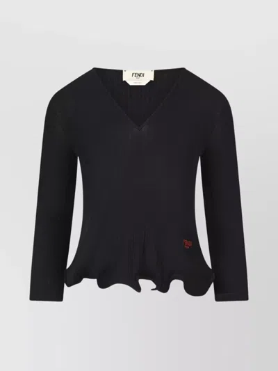 FENDI RIBBED V-NECK TOP SCALLOPED HEM