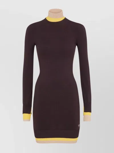 Fendi Mini Wool Dress With Contrasting Details In Burgundy