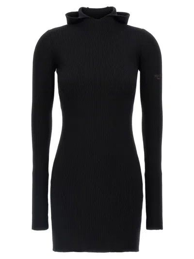Fendi Ribbed Wool-silk Hooded Dress In Black