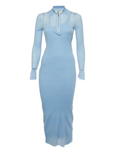 Pre-owned Fendi Ribbed Zip-front Dress In Blue
