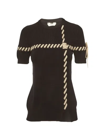 Pre-owned Fendi Ribbed-knit Lace-up T-shirt In Black