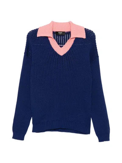 Fendi Cotton Polo Shirt Long Sleeves V Neck In Blue