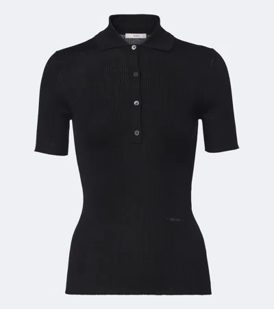 Fendi Ribbed-knit Wool-blend Polo Shirt In Black