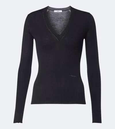 Fendi Ribbed-knit V-neck Sweater In Black