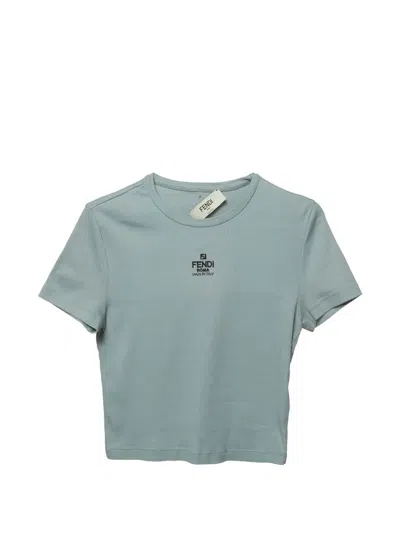 Pre-owned Fendi Rib-knit Embroidered Logo T-shirt In Blue