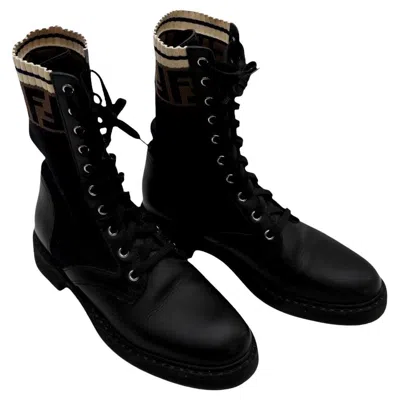 Pre-owned Fendi Rockoko Combat Boots – Black Leather & Knit Ff Logo