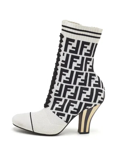 Pre-owned Fendi Rockoko Ff-motif Ankle Boots In White