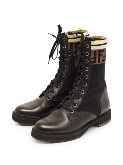 Pre-owned Fendi Rockoko Leather-trim Combat Boots In Black