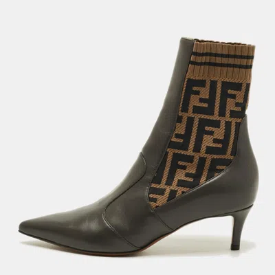 Pre-owned Fendi Rockoko Size 36 Brown Leather And Stretch Knit Ankle Length Boots