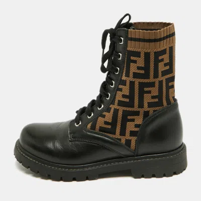 Pre-owned Fendi Rockoko Size 36 Brown/black Zucca Knit Fabric And Leather Ankle Combat Boots