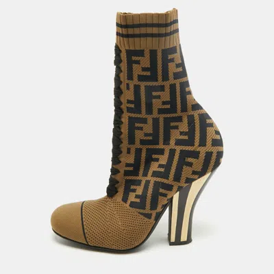 Pre-owned Fendi Rockoko Size 36 Brown/green Ff Knit Fabric And Leather Ankle Length Boots