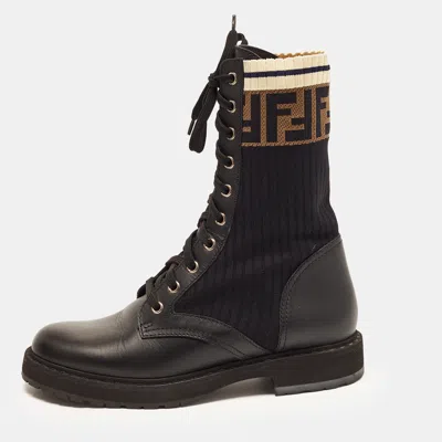 Pre-owned Fendi Rockoko Size 37 Black/brown Fabric And Leather Combat Boots