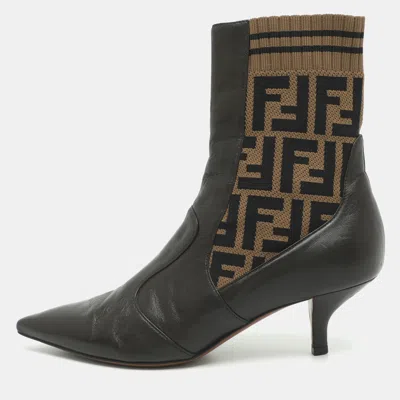 Pre-owned Fendi Rockoko Size 37 Brown Ff Knit Fabric And Leather Ankle Length Boots