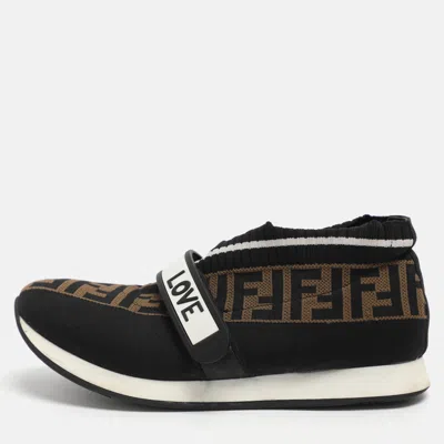 Pre-owned Fendi Rockoko Size 37 Brown Zucca Knit Fabric Low Top Sneakers