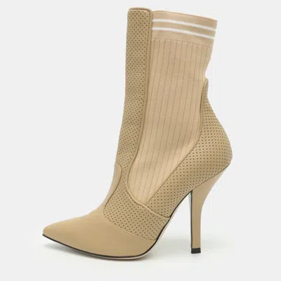 Pre-owned Fendi Rockoko Size 37.5 Beige Leather And Stretch Knit Ankle Length Boots