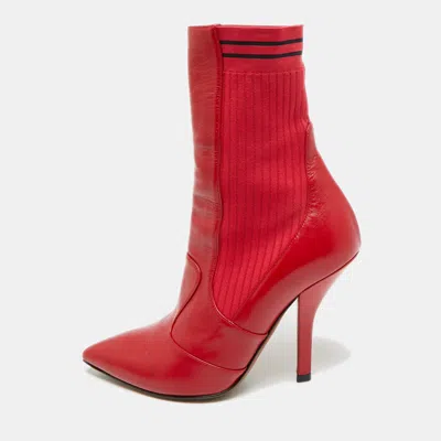 Pre-owned Fendi Rockoko Size 37.5 Red Leather And Stretch Knit Ankle Length Boots