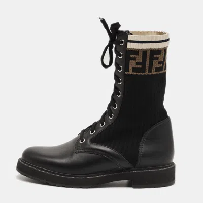 Pre-owned Fendi Rockoko Size 38 Black Leather And Zucca Stretch Fabric Combat Boots