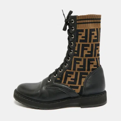 Pre-owned Fendi Rockoko Size 38.5 Black/brown Canvas Leather Combat Boots