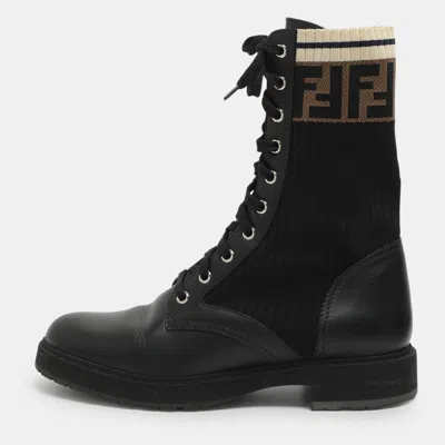 Pre-owned Fendi Rockoko Size 39 Black Leather And Zucca Stretch Fabric Combat Boots