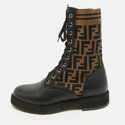 Pre-owned Fendi Rockoko Size 40 Black/brown Fabric And Leather Combat Boots