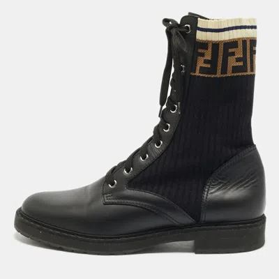 Pre-owned Fendi Rockoko Size 40 Black/brown Ff Motif Detail Stretch Fabric And Leather Combat Boots