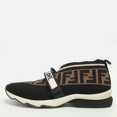 Pre-owned Fendi Rockoko Size 40 Brown Ff Knit Fabric Slip On Sneakers