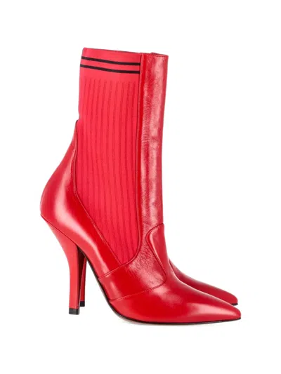 Pre-owned Fendi Rockoko Stretch-knit Ankle Boots In Red