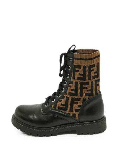Pre-owned Fendi Rockoko Zucca Combat Boots In Black