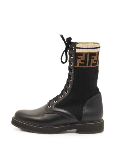 Pre-owned Fendi Rockoko Zucca Combat Boots In Black