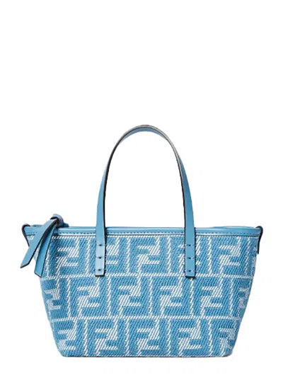 Fendi 'roll' Blue Mini Bag With All-over Ff Motif And Top Leather Strap In Cotton Woman
