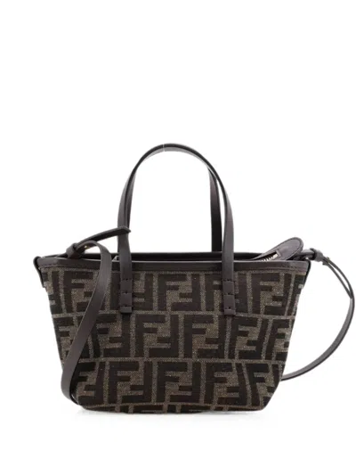 Pre-owned Fendi Roll Ff Fabric With Leather Mini Tote Bag In Brown