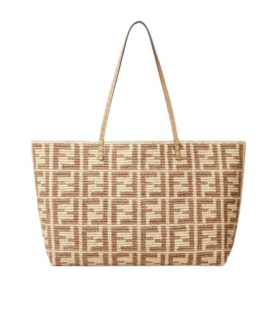 Fendi Roll Large Beige Ff Raffia Crochet Shopper